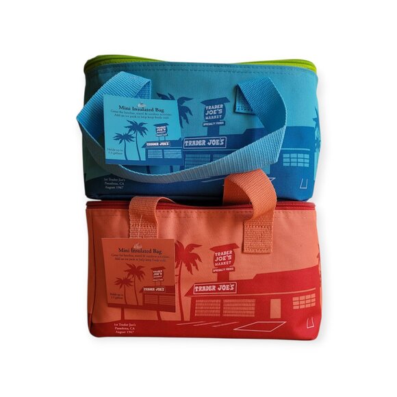 Trader Joes Mini Insulated Lunch Bag Set Peach Blue Cooler Tote NWT Small Sizes - Picture 2 of 6